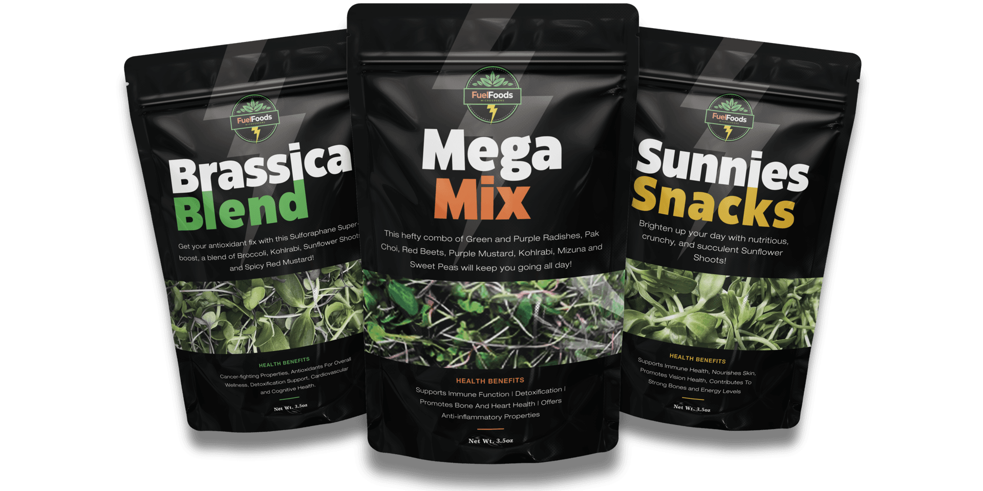 FuelFoods Mega Mix, Brassica Blend, and Sunnies Snacks pouches