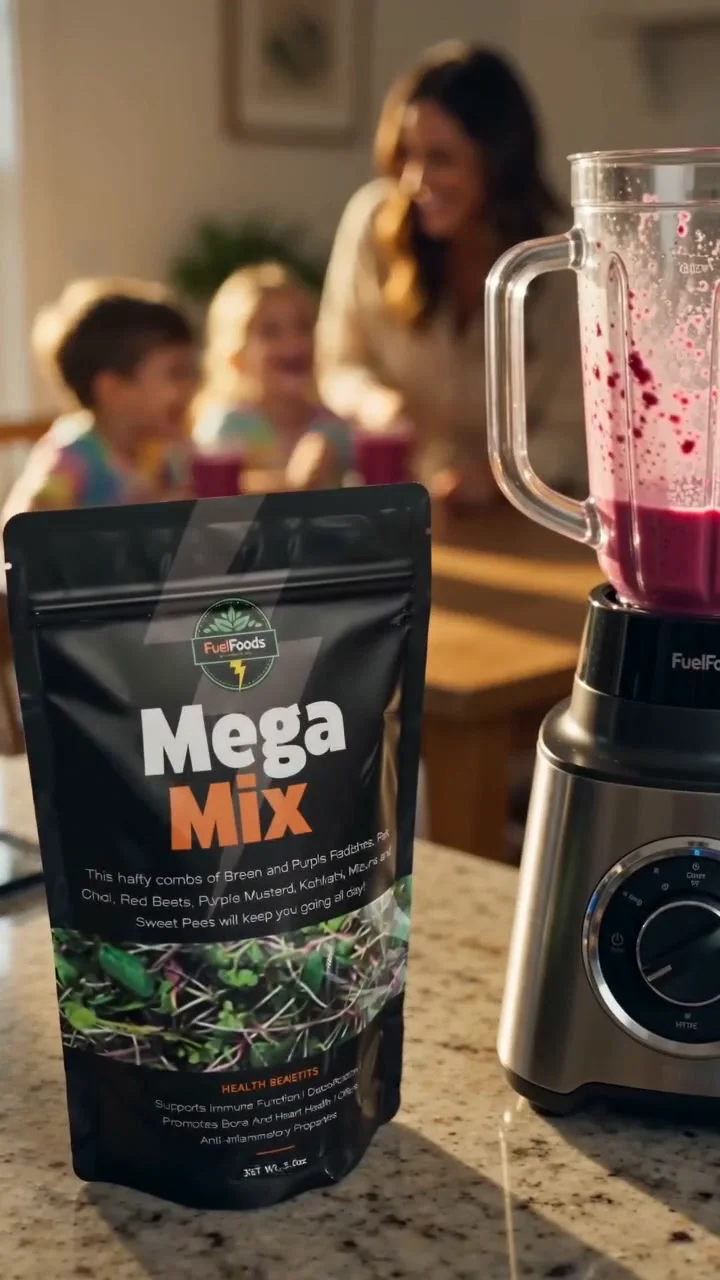 FuelFoods Mega Mix beside a berry smoothie in a family kitchen