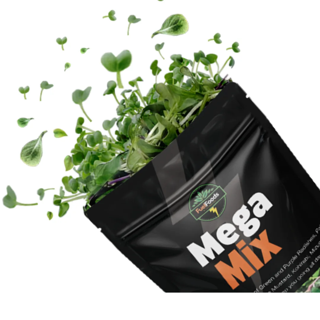An open Mega Mix pouch overflowing with fresh microgreens